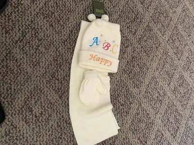 Infant Toddler Off White 3 Piece Set Hat Mittens Scarf Embroidery  On Hat  NWT - Image 1 of 4
