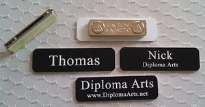 Custom Name Tags 2.5"x0.75" Black -White letters Corners Rounded w/ magnet - Picture 1 of 3