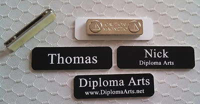 CUSTOM ENGRAVED Custom Name Tags 2.5"x0.75" Black -White letters Corners Rounded w/ magnet