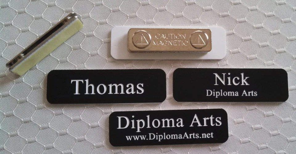 CUSTOM ENGRAVED Custom Name Tags 2.5"x0.75" Black -White letters Corners Rounded w/ magnet