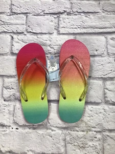 Girls Cat & Jack Girls Size Large 4/5 Flip Flops Pink Yellow Green Glitter Strap - Picture 1 of 2
