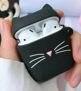 For Airpods / Airpods Pro - Black Cat w/ Ring Chain Soft Rubber Silicone Case - Picture 1 of 13