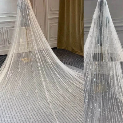 Wedding Bridal Veil Cathedral Length Sequins Beaded Rhinestone Without Comb - Image 1 of 4