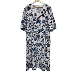 Robe en lin femme Liz Claiborne taille 18 blanche fleurie manches courtes ligne A NEUVE - Photo 1 sur 14