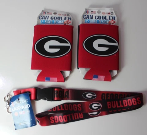 Georgia Bulldogs Lot of 3 Lanyard + 2 Classic Can Coolers Cozies NEW Cover