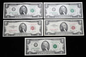 USA - $2 Note, Lot of 5, Bicentennial, plus two red seal (1953-C, 1963) - Picture 1 of 2