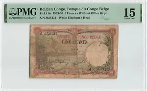 BELGIAN CONGO 5 Francs 1929, P-8e, PMG 15 Choice Fine (Stained), Popular Note. - Picture 1 of 2