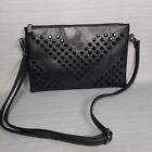 Younique Black Faux Leather Studded Clutch Make Up Bag Crossbody Purple Lining.