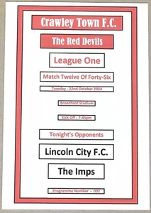 CRAWLEY TOWN v LINCOLN CITY 22.10.24 LEAGUE ONE PROGRAMME - Picture 1 of 3