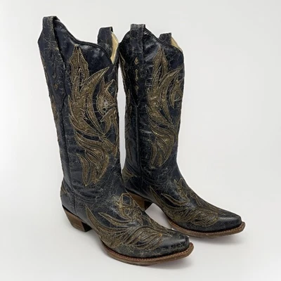 Botas de Vaquero Corral Vintage Mujer Negras Doradas Bordadas Western Talla 7.5M Usadas en Excelente Condición Foto 1 de 4