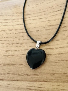 Black Obsidian Heart Necklace – 18” Faux Leather Cord – Minimalist Gothic Unisex - Picture 1 of 9