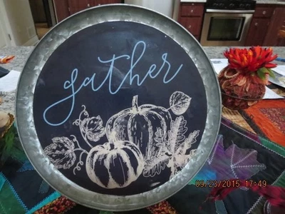 FALL CAKE STAND-METAL & WOOD--"GATHER"--#R9-7 - Image 1 of 4