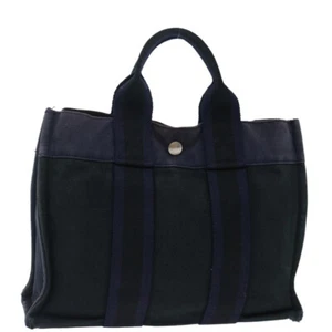 HERMES Fourre Tout PM Hand Bag Canvas Navy Black Auth bs13675 - Picture 1 of 22