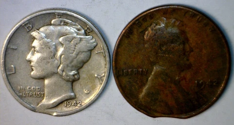 1942 CLIP ERROR SILVER Mercury Dime & Lincoln Cent Coins NICE Clipped 2 Coin LOT Cover
