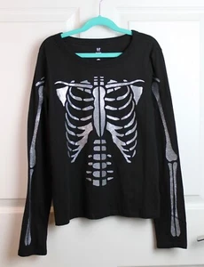 NEW Girl's Gap Organic Cotton Black Tee Silver Multicolor Glitter Skeleton 14-16 - Picture 1 of 3