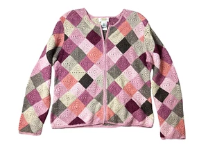 Vintage Talbots Petites Pink Granny Square Zip Cardigan Sweater  Size M  Preppy - Picture 1 of 7