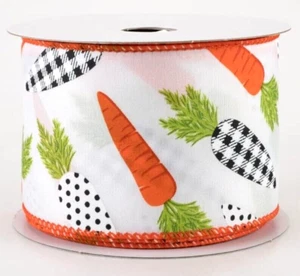 Easter Patterned Carrots 2.5" by 2 yards White Wired Ribbon Spring Orange - Picture 1 of 2