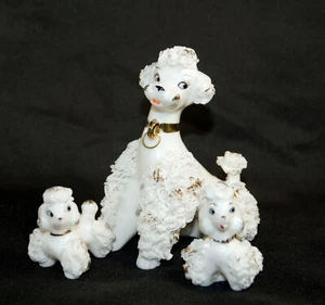 3 Vintage White Spaghetti Poodle Dog Mother With Puppies No Chain Lefton - Picture 1 of 8