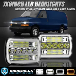 Par de faros LED cromados de 7x6" para furgoneta de carga Chevrolet Express sellado alto/bajo DRL - Imagen 1 de 11
