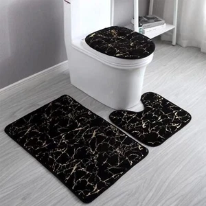 Marble Bathroom Rugs and Mats Set 3 Piece Nonslip Bathroom Set of 3 Black Gold - Picture 1 of 4