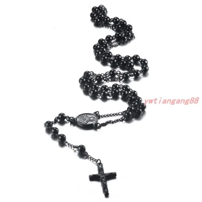 Fashion 4/6/8/10mm 316L Stainless Steel Men Women Rosary Cross Pendant Necklace - Image 1 of 4