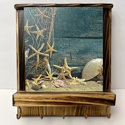 Rustic Key Holder Home Decor Plaque BEACH sea shell star fish net Design - Image 1 of 4
