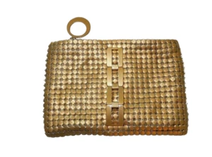 Vintage gold tone metal mesh clutch purse evening bag w/ built in handle - Picture 1 of 5