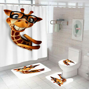 Giraffe Shower Curtain Bathroom Rug Set Thick Bath Mat Non-Slip Toilet Lid Cover