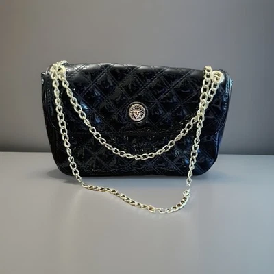 Bolso Bandolera Clásico Anne Klein Cartera Negro Charol Dorado Cadena Acolchado Foto 1 de 4