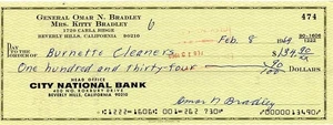 Cheque bancario firmado por General Omar Bradley de 1969 - Imagen 1 de 1