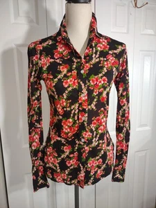 Vintage Begonia Print On Black 1970's Button Front Shirt S - Picture 1 of 7