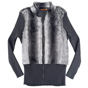 Belldini 3X grau Kunstfellbesatz Strass Akzent Reißverschluss vorne Cardigan Pullover - Bild 1 von 8