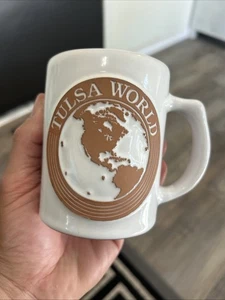 Vintage Rare Frankoma USA Sapulpa Ok Tulsa World Coffee Tea Cup Mug White Brown - Picture 1 of 10