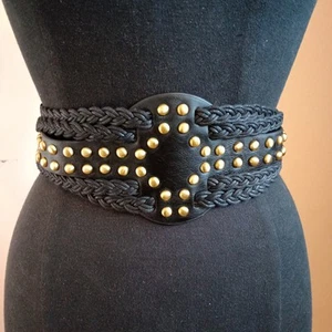 Women Black Wide Elastic Attractive Look Fashion Belt Brass Studs Buckle 28"-38" - Picture 1 of 9