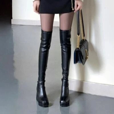 Botas Largas Moda Cremalleras Cuadradas Tacón Alto Sobre la Rodilla Zapatos Botas Hasta el Muslo Foto 1 de 4