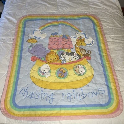 Manta bebé Precious Moments persiguiendo arco iris edredón tema arca de Noé hecha a mano Foto 1 de 4