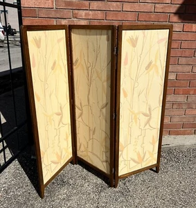 Vintage Mid Century Oak & Board Floral Room Divider Screen 54” - Picture 1 of 6