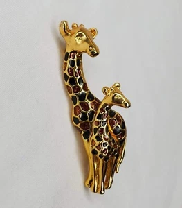 Spilla giraffa vintage mamma bambino giraffe tono oro marrone smalto nero spilla figurativa - Foto 1 di 13