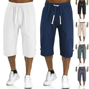 Mens Casual Long Length 3/4 Shorts Loose Elastic Waist Linen Capri Sport Pants - Picture 1 of 15