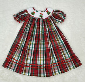 Tiaras And Frogs 18m Christmas Holiday Plaid Smocked Dress Puff Sleeve Red Green
