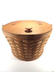Vintage Longaberger 1986 Nähkorb mit Lederscharnier groß 13" Durchmesser USA - Bild 1 von 9