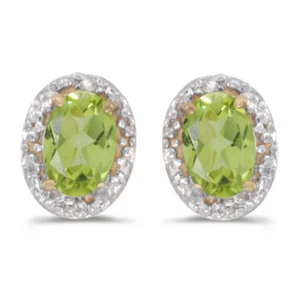 14k Yellow Gold Oval Peridot And Diamond Earrings - Picture 1 of 4