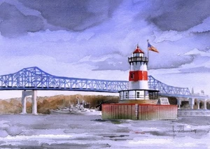 Borden Flats Leuchtturm USS Massachusetts Schlachtschiff Bucht Fall River. Kunstdrucke - Bild 1 von 2
