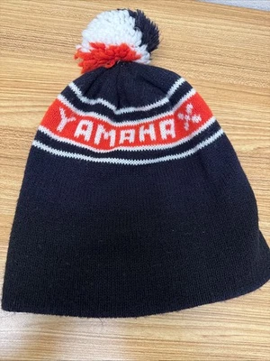 Vintage Yamaha Pom Beanie Navy Orange White Knit Snowmobile Hat 70s 80s - Image 1 of 4