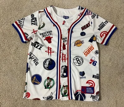 NBA Ultra Game Youth Boys Allover Print Basketball Logos Button Shirt 10/12 - Image 1 of 4