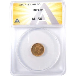 1874 Indian Princess Head Dollar AU 50 ANACS Gold $1 Coin SKU:CPC0275 - Picture 1 of 4