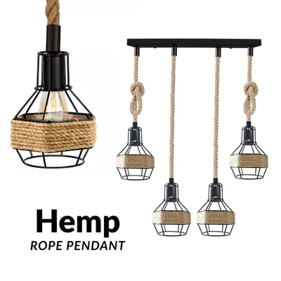 Vintage Hemp Rope Pendant Ceiling light Metal Black Wire Cage Hanging Retro Lamp - Image 1 of 4