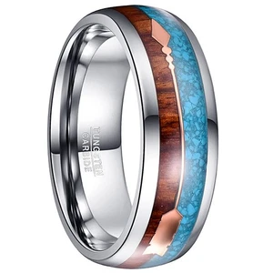 8mm Wood Turquoise Mens Ring Fashion Wedding Engagement Band Ring for Men Dome - Picture 1 of 6