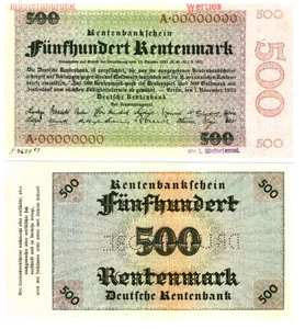 u Reproduktion Schein Deutschland 500 Rentenmark 1923 SPECIMEN Pick #167 3222R - Bild 1 von 1