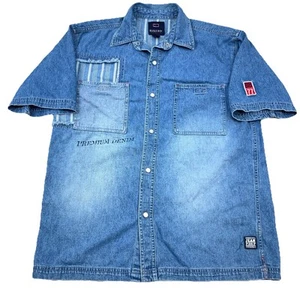 Vintage Bugle Boy Shirt Men Medium Blue Denim Pearl Snap Jean Patch Work Y2K - Picture 1 of 10